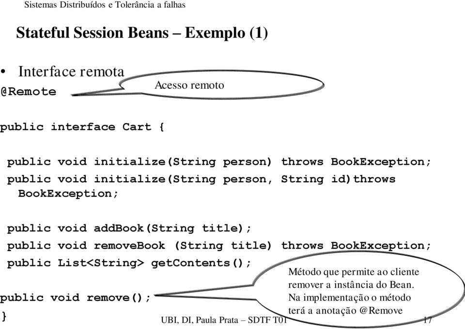 title); public void removebook (String title) throws BookException; public List<String> getcontents(); public void remove(); }