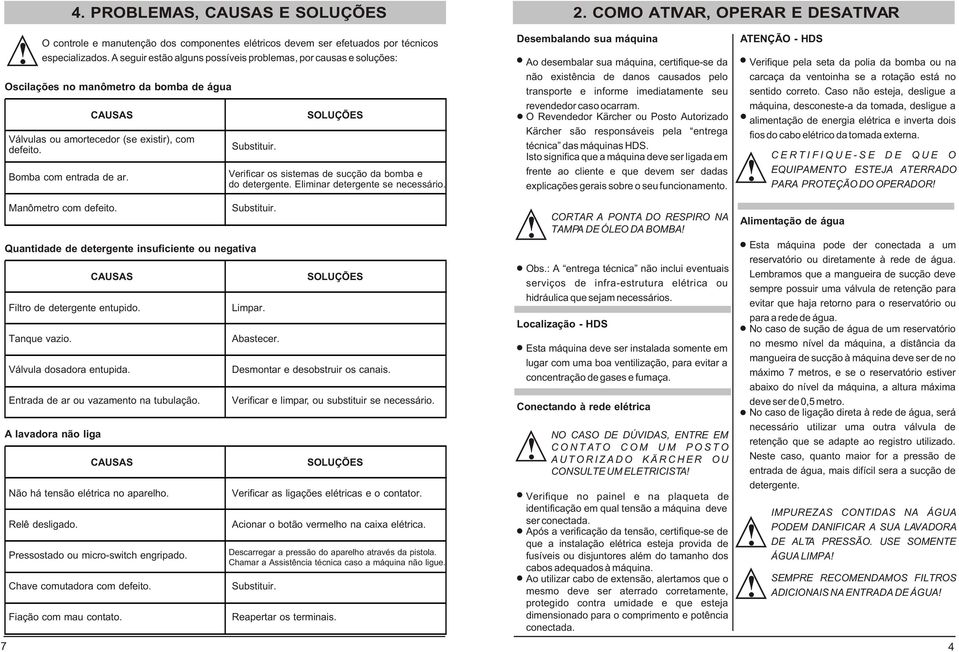 Manômetro com defeito. Verificar os sistemas de sucção da bomba e do detergente. Eliminar detergente se necessário. Quantidade de detergente insuficiente ou negativa Filtro de detergente entupido.