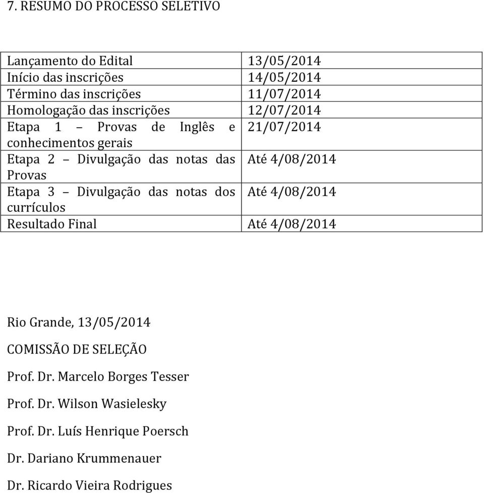 13/05/2014 14/05/2014 11/07/2014 12/07/2014 21/07/2014 Até 4/08/2014 Até 4/08/2014 Até 4/08/2014 Rio Grande, 13/05/2014 COMISSÃO DE
