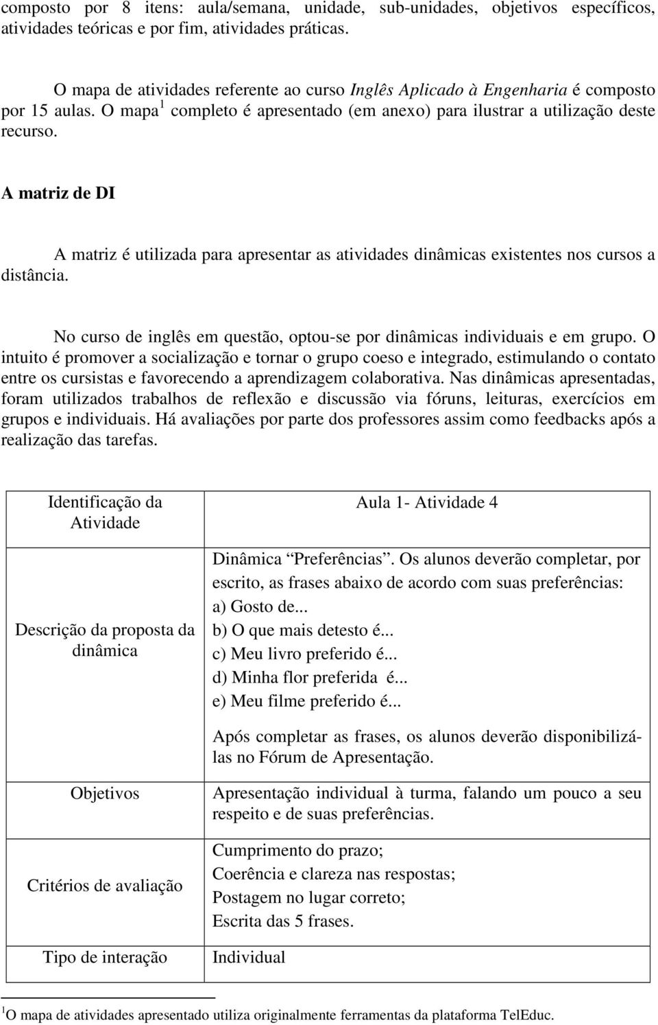 A matriz de DI A matriz é utilizada para apresentar as atividades dinâmicas existentes nos cursos a distância. No curso de inglês em questão, optou-se por dinâmicas individuais e em grupo.