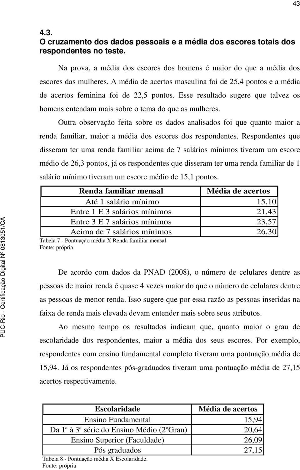 Outra observação feita sobre os dados analisados foi que quanto maior a renda familiar, maior a média dos escores dos respondentes.