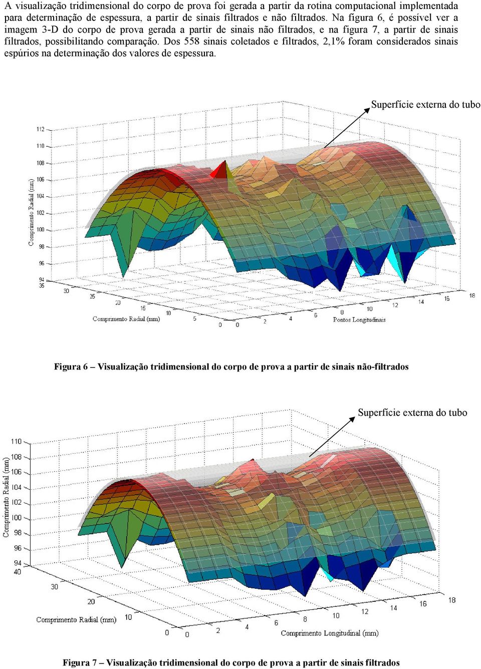 Na figura 6, é possível ver a imagem 3-D do corpo de prova gerada a partir de sinais não filtrados, e na figura 7, a partir de sinais filtrados, possibilitando comparação.