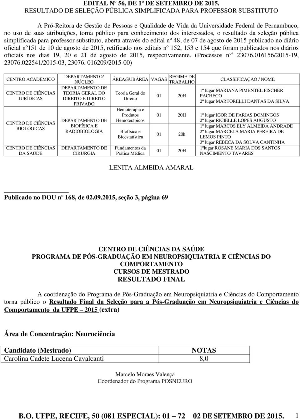 público para conhecimento dos interessados, o resultado da seleção pública simplificada para professor substituto, aberta através do edital nº 48, de 07 de agosto de 2015 publicado no diário oficial