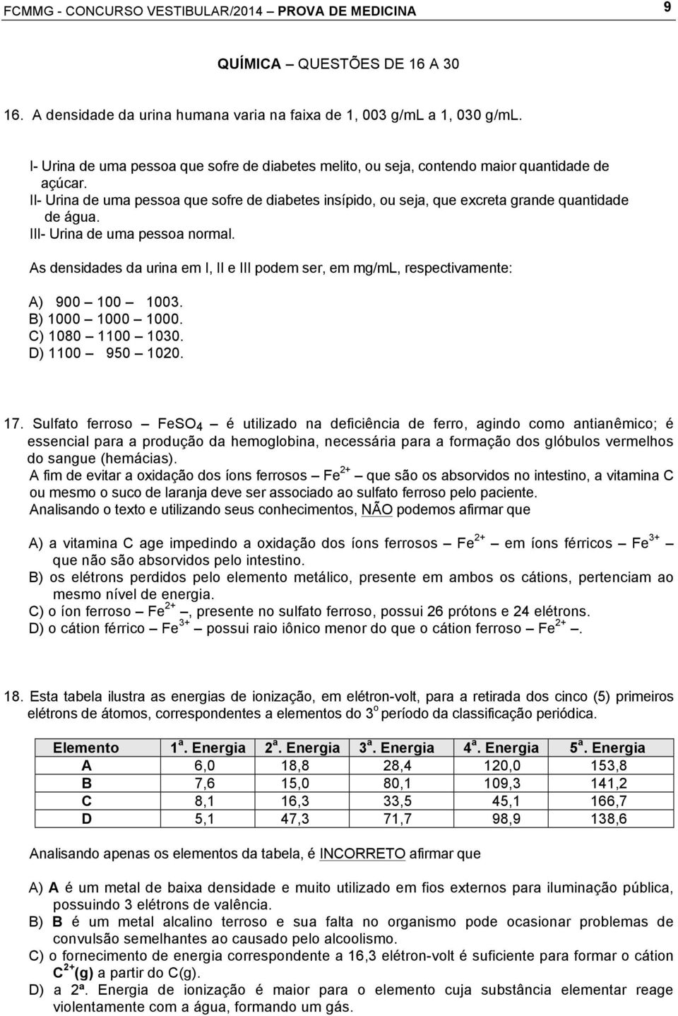 II- Urina de uma pessoa que sofre de diabetes insípido, ou seja, que excreta grande quantidade de água. III- Urina de uma pessoa normal.