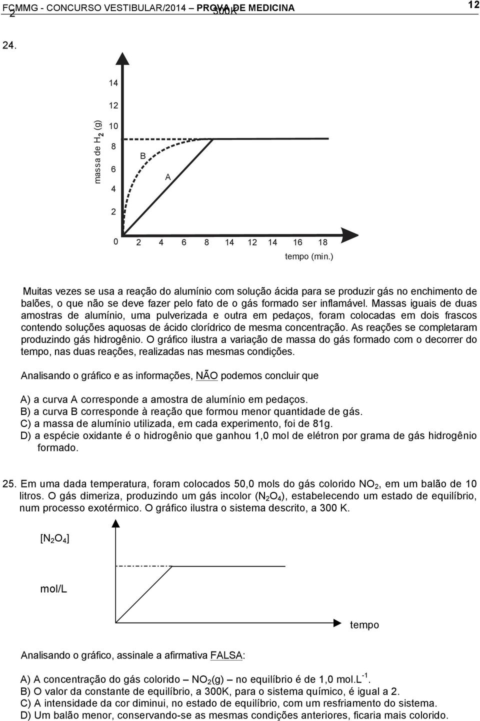 Massas iguais de duas amostras de alumínio, uma pulverizada e outra em pedaços, foram colocadas em dois frascos contendo soluções aquosas de ácido clorídrico de mesma concentração.