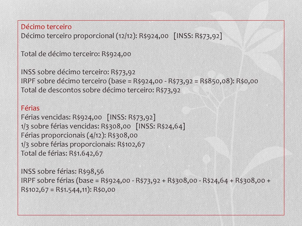 [INSS: R$73,92] 1/3 sobre férias vencidas: R$308,00 [INSS: R$24,64] Férias proporcionais (4/12): R$308,00 1/3 sobre férias proporcionais: R$102,67 Total