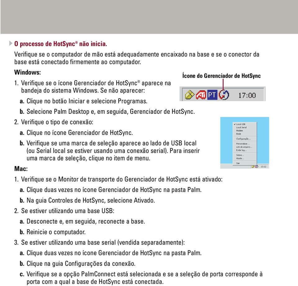 2. Verifique o tipo de conexão: a. Clique no ícone Gerenciador de HotSync. b. Verifique se uma marca de seleção aparece ao lado de USB local (ou Serial local se estiver usando uma conexão serial).