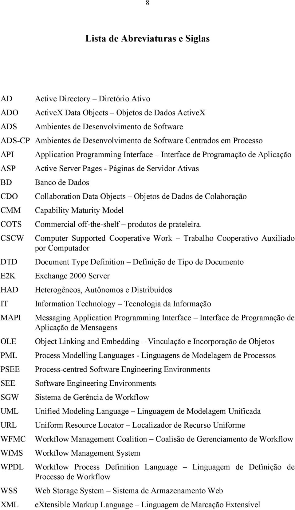 Aplicação Active Server Pages - Páginas de Servidor Ativas Banco de Dados Collaboration Data Objects Objetos de Dados de Colaboração Capability Maturity Model Commercial off-the-shelf produtos de