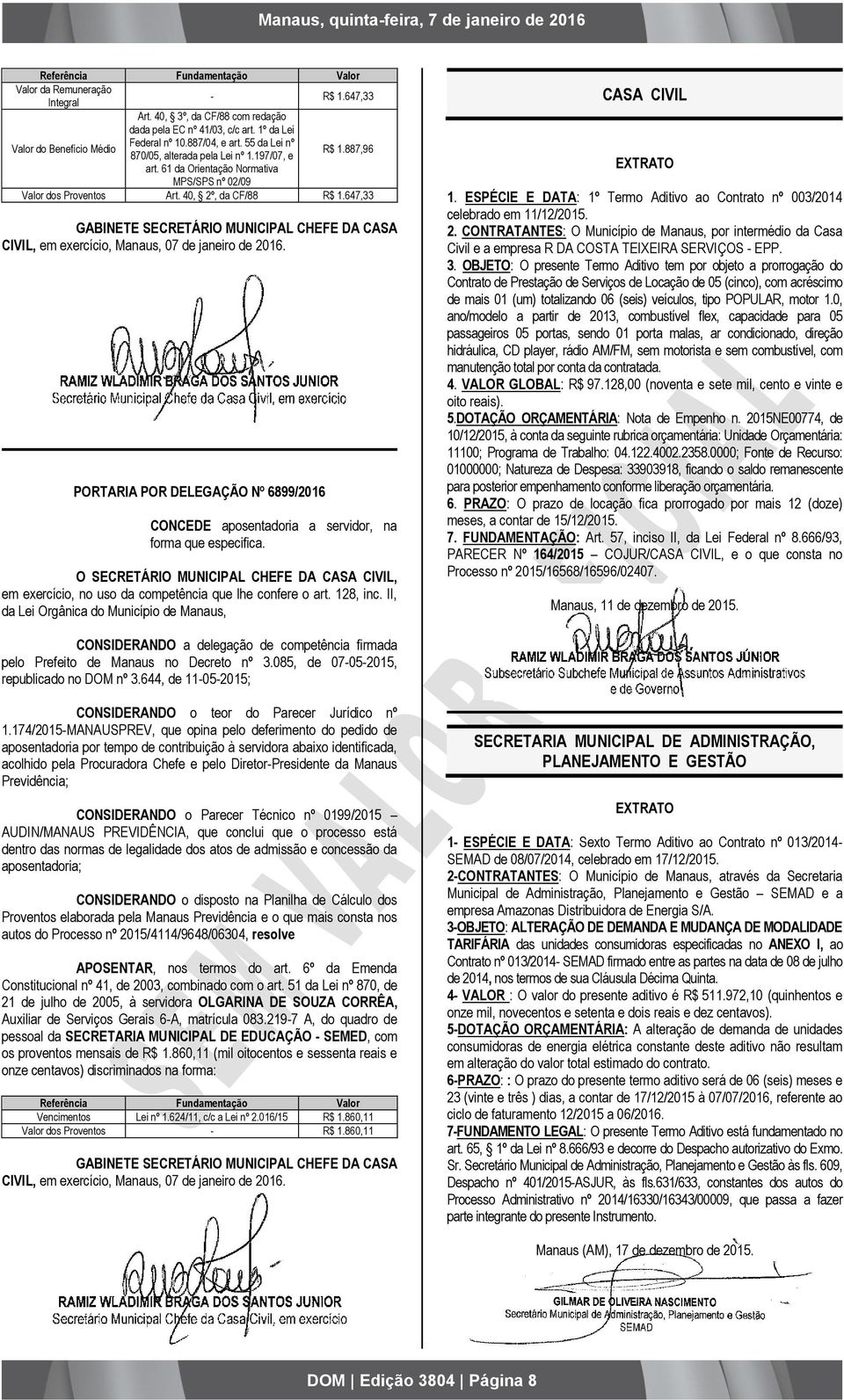 647,33 GABINETE SECRETÁRIO MUNICIPAL CHEFE DA CASA CIVIL, em exercício, Manaus, 07 de janeiro de 2016. PORTARIA POR DELEGAÇÃO Nº 6899/2016 CONCEDE aposentadoria a servidor, na forma que especifica.