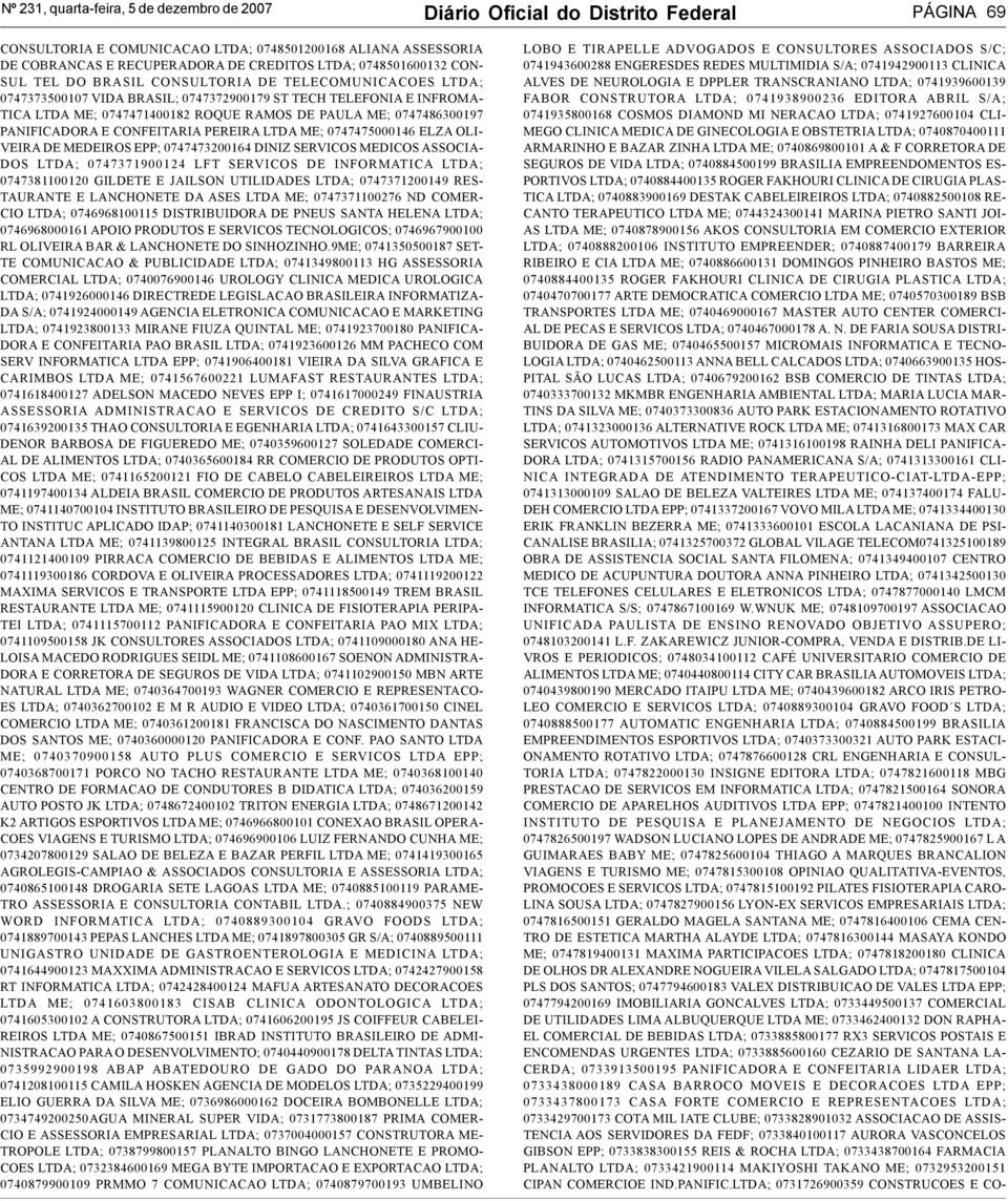 CONFEITARIA PEREIRA LTDA ME; 0747475000146 ELZA OLI- VEIRA DE MEDEIROS EPP; 0747473200164 DINIZ SERVICOS MEDICOS ASSOCIA- DOS LTDA; 0747371900124 LFT SERVICOS DE INFORMATICA LTDA; 0747381100120