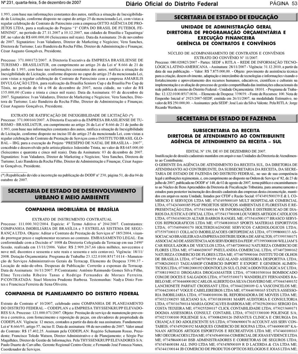 Contrato de Patrocínio com a empresa OITTO AGÊNCIA DE PRO- JETOS LTDA, para a realização do Projeto 1ª COPA DO BRASIL DE FUTEBOL FE- MININO, no período de 27.11.2007 a 10.12.