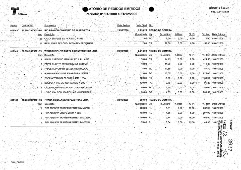 Item Data Entrega F 26' 'CAIXA SIMPLES EM ACRILICO FUME 100 PC ' 9 00 000. 0Ob 9D0 03/07/2006 +. 27 REFIL PARA FAX COD. PC304RF BROI~THER 200 ' CX 2900. 000. 000 5800 0310712006 \ 017149 00.656.