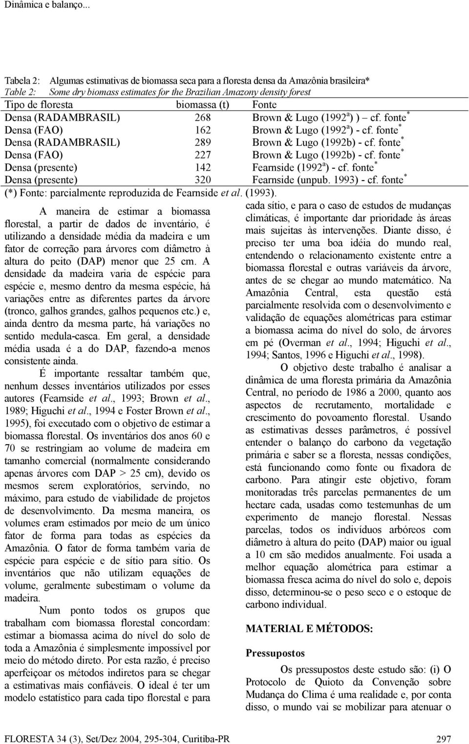 (t) Fonte Densa (RADAMBRASIL) 268 Brown & Lugo (1992 a ) ) cf. fonte * Densa (FAO) 162 Brown & Lugo (1992 a ) - cf. fonte * Densa (RADAMBRASIL) 289 Brown & Lugo (1992b) - cf.