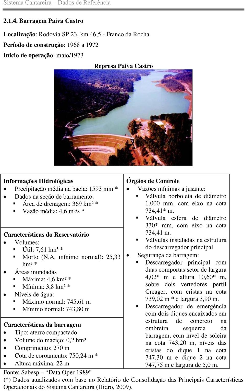 média na bacia: 1593 mm * Dados na seção de barramento: Área de drenagem: 369 km² * Vazão média: 4,6 m³/s * Características do Reservatório Volumes: Útil: 7,61 hm³ * Morto (N.A.