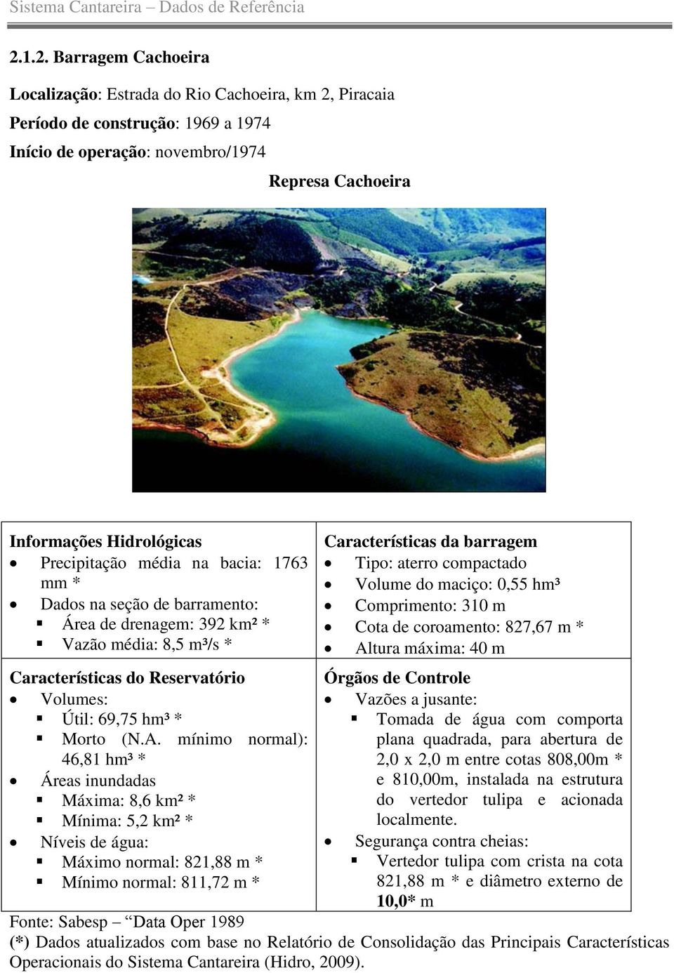 mínimo normal): 46,81 hm³ * Áreas inundadas Máxima: 8,6 km² * Mínima: 5,2 km² * Níveis de água: Máximo normal: 821,88 m * Mínimo normal: 811,72 m * Características da barragem Tipo: aterro compactado