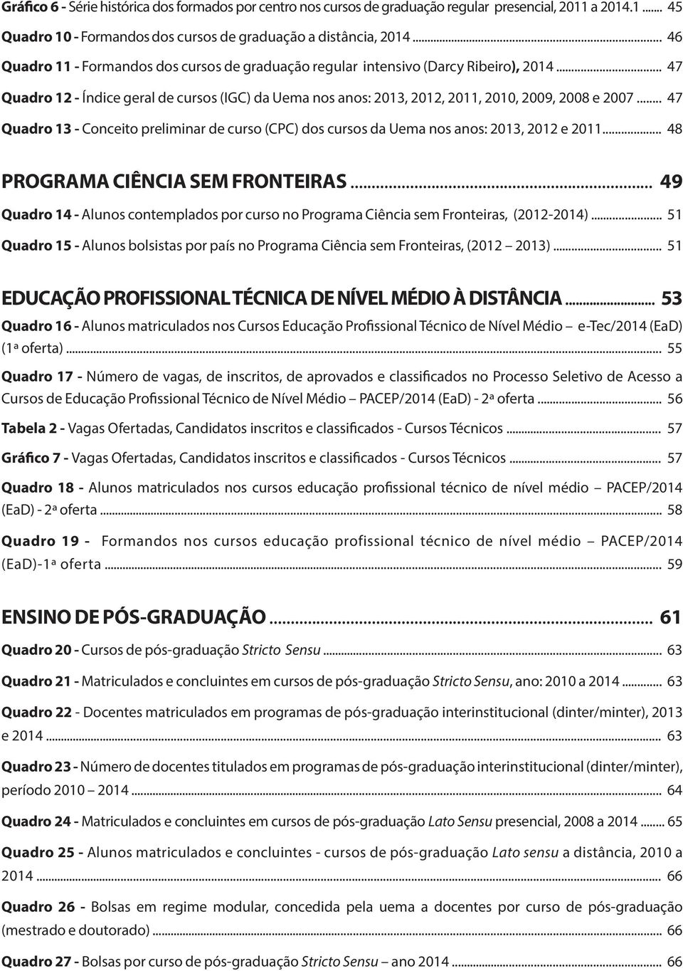 .. 47 Quadro 13 - Conceito preliminar de curso (CPC) dos cursos da Uema nos anos: 2013, 2012 e 2011... 48 PROGRAMA CIÊNCIA SEM FRONTEIRAS.
