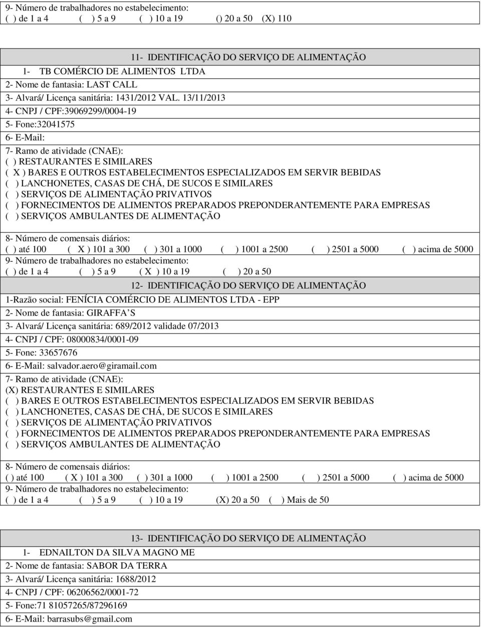 13/11/2013 4- CNPJ / CPF:39069299/0004-19 5- Fone:32041575 ( X ) BARES E OUTROS ESTABELECIMENTOS ESPECIALIZADOS EM SERVIR BEBIDAS ( ) de 1 a 4 ( ) 5 a 9 ( X ) 10 a 19 ( ) 20 a 50 12- IDENTIFICAÇÃO DO
