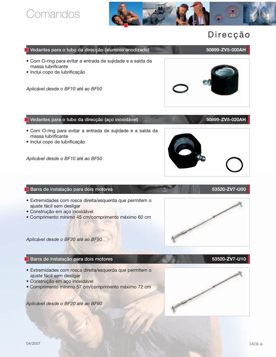 desde o BF10 até ao BF50 Barra de instalação para dois motores 53520-ZV7-U00 Extremidades com rosca direita/esquerda que permitem o ajuste fácil sem desligar Construção em aço inoxidável Comprimento