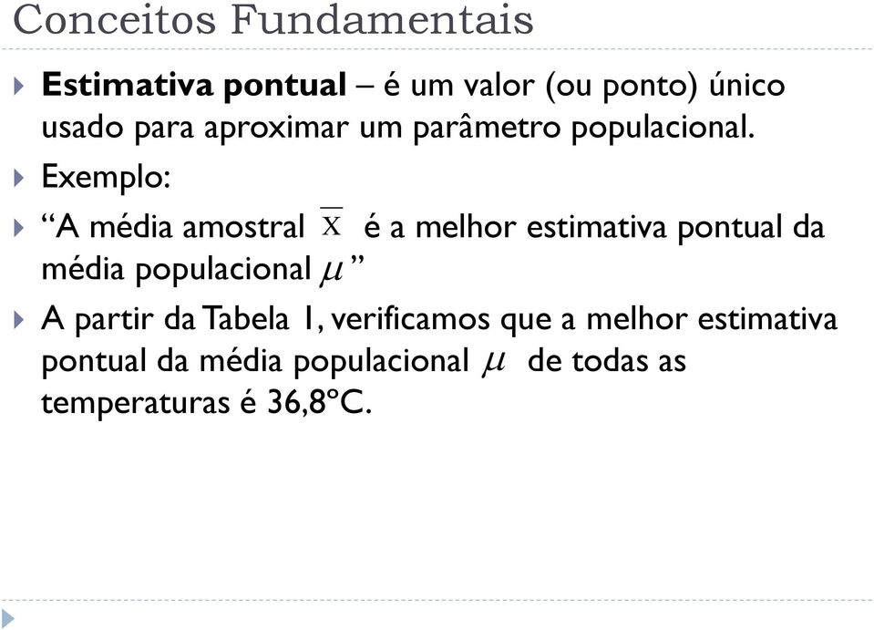 Exemplo: A média amostral X é a melhor estimativa pontual da média populacional