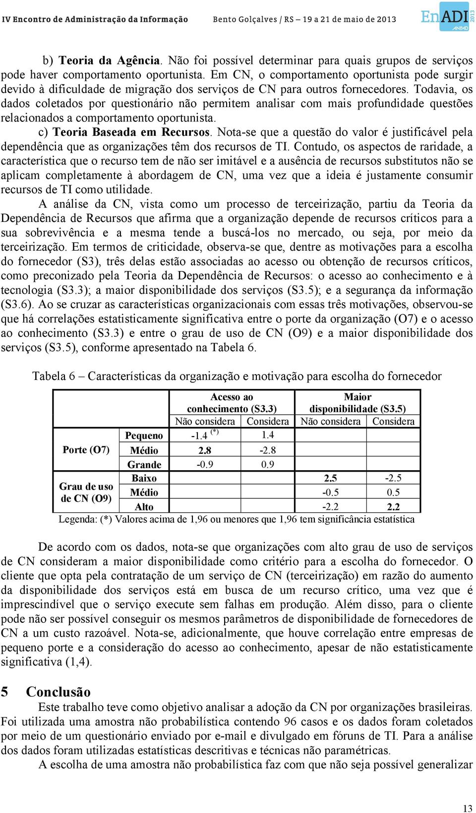 Todavia, os dados coletados por questionário não permitem analisar com mais profundidade questões relacionados a comportamento oportunista. c) Teoria Baseada em Recursos.