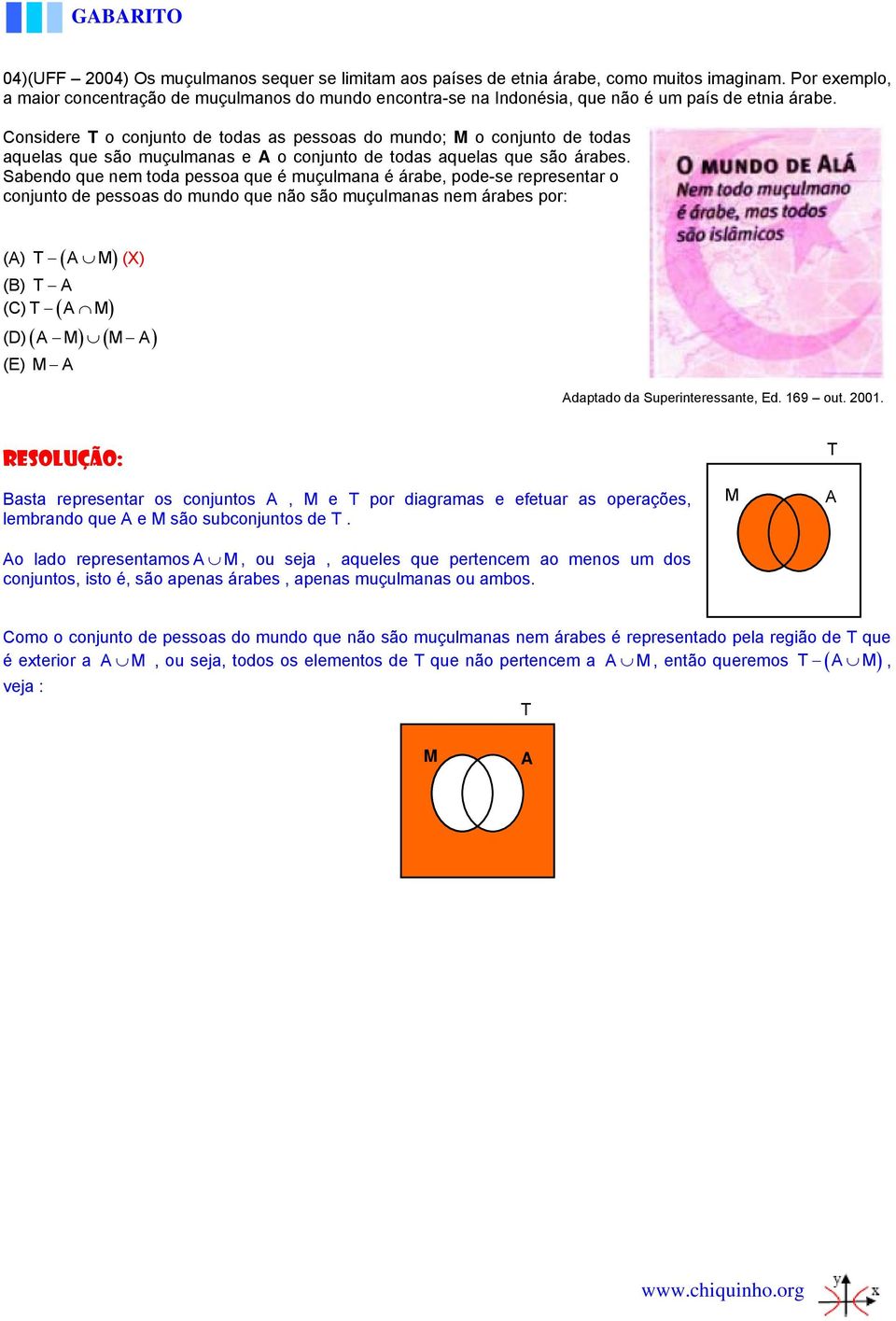 Considere T o conjunto de todas as pessoas do mundo; M o conjunto de todas aquelas que são muçulmanas e o conjunto de todas aquelas que são árabes.