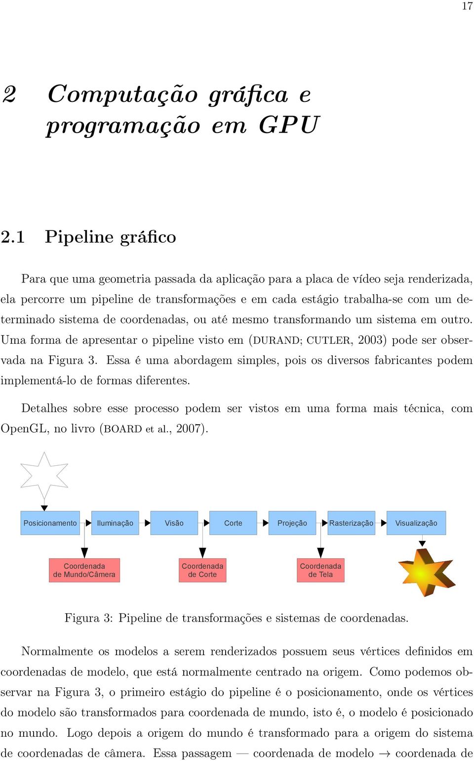 sistema de coordenadas, ou até mesmo transformando um sistema em outro. Uma forma de apresentar o pipeline visto em (DURAND; CUTLER, 2003) pode ser observada na Figura 3.