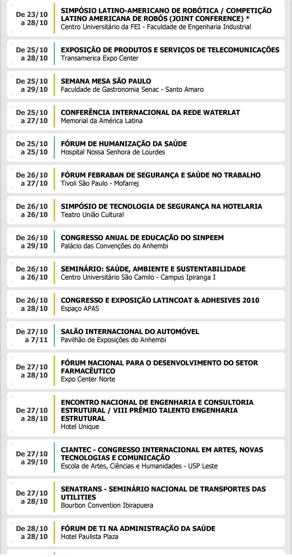 Memorial da América Latina De 25/10 a 25/10 FÓRUM DE HUMANIZAÇÃO DA SAÚDE Hospital Nossa Senhora de Lourdes De 2 a 2 FÓRUM FEBRABAN DE SEGURANÇA E SAÚDE NO TRABALHO Tivoli São Paulo - Mofarrej De 2 a