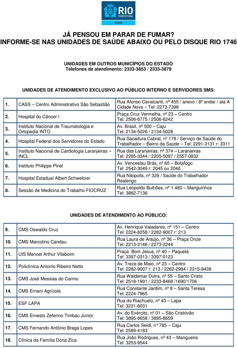 INTERNO E SERVIDORES SMS: 1. CASS Centro Administrativo São Sebastião 2. Hospital do Câncer I 3. Instituto Nacional de Traumatologia e Ortopedia INTO 4. Hospital Federal dos Servidores do Estado 5.