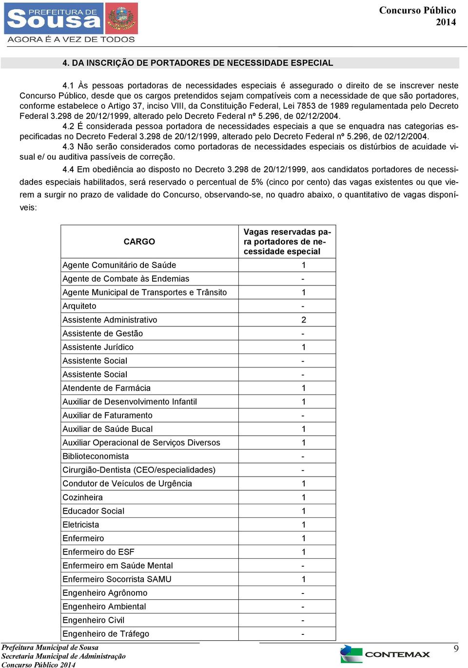 portadores, conforme estabelece o Artigo 37, inciso VIII, da Constituição Federal, Lei 7853 de 1989 regulamentada pelo Decreto Federal 3.298 de 20/12/1999, alterado pelo Decreto Federal nº 5.