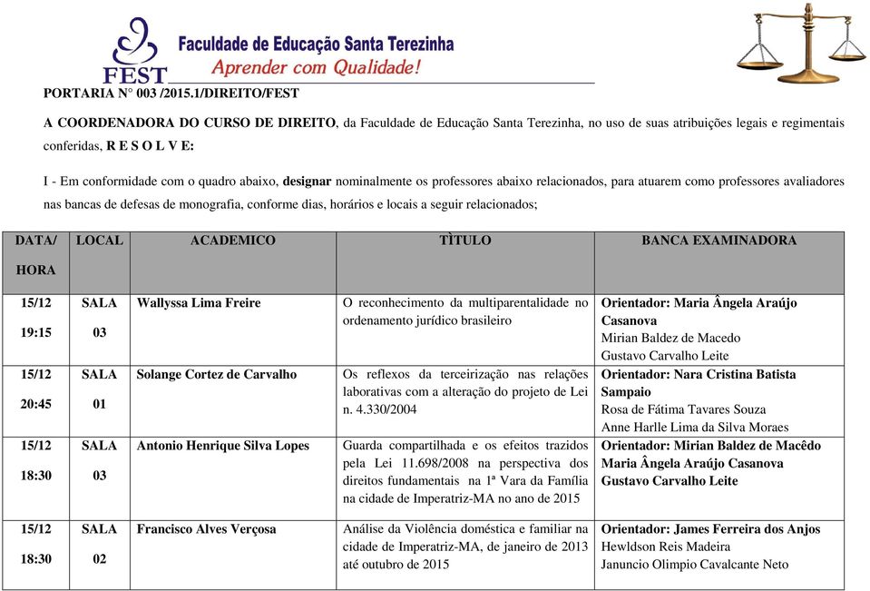 quadro abaixo, designar nominalmente os professores abaixo relacionados, para atuarem como professores avaliadores nas bancas de defesas de monografia, conforme dias, horários e locais a seguir