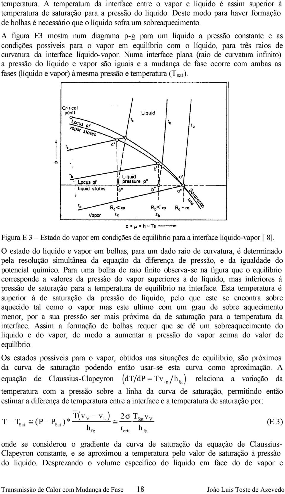 A figura E3 mostra num diagrama p-g para um líquido a pressão constante e as condições possíveis para o vapor em equilíbrio com o líquido, para três raios de curvatura da interface líquido-vapor.