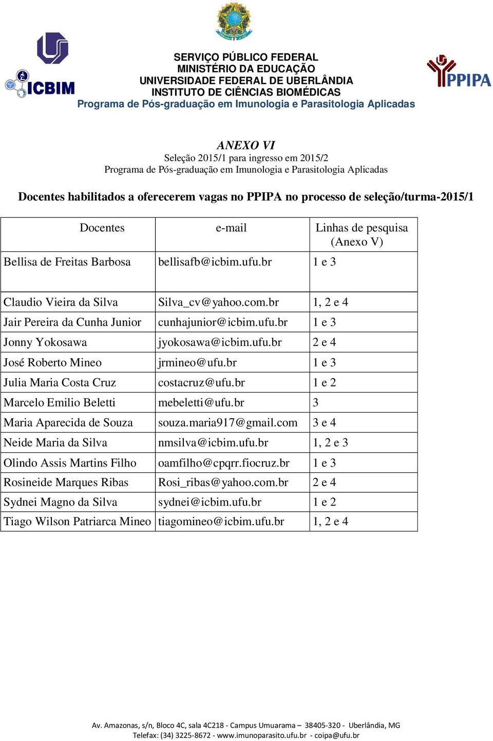 br 1 e 3 Julia Maria Costa Cruz costacruz@ufu.br 1 e 2 Marcelo Emilio Beletti mebeletti@ufu.br 3 Maria Aparecida de Souza souza.maria917@gmail.com 3 e 4 Neide Maria da Silva nmsilva@icbim.ufu.br 1, 2 e 3 Olindo Assis Martins Filho oamfilho@cpqrr.