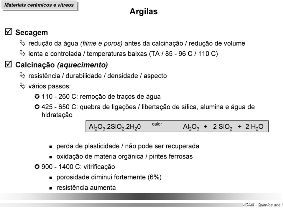 de ligações / libertação de sílica, alumina e água de hidratação Al 2 O 3.2SiO 2.