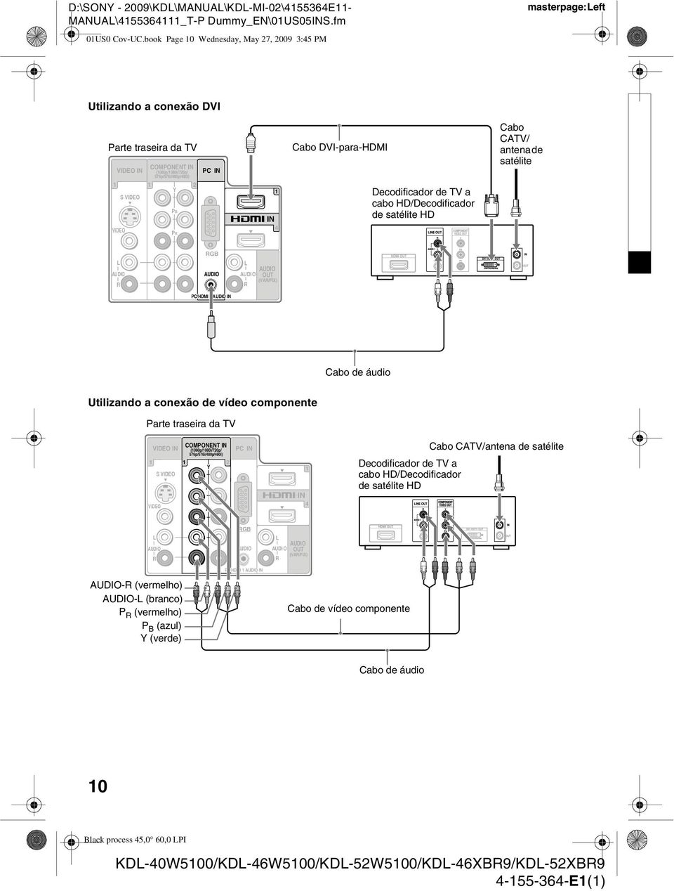 satélite 1 VIDEO S VIDEO 1 Y P B P R 2 1 IN 4 Decodificador de TV a cabo HD/Decodificador de satélite HD L A UDIO R RGB AU DI O L AU DI O R AUDIO OUT (VAR/FIX) PC/HDMI 1 AUDIO IN Cabo de áudio