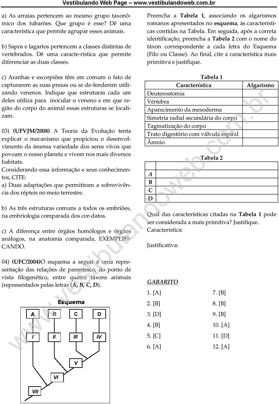 Preencha a Tabela 1, associando os algarismos romanos apresentados no esquema, às características contidas na Tabela.