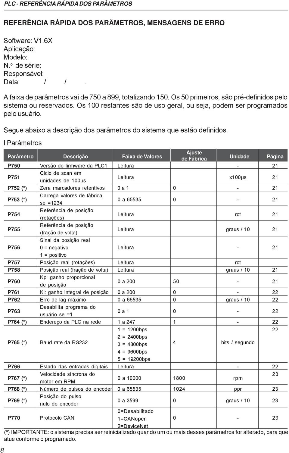 Segue abaixo a descrição dos parâmetros do sistema que estão definidos.