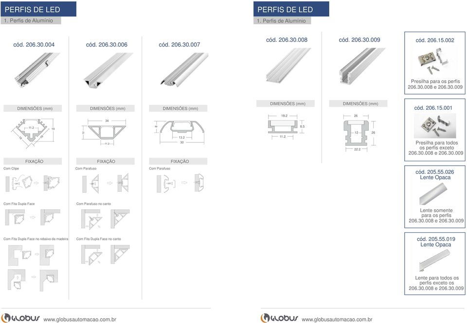 2 26 Presilha para todos os perfis exceto 206.30.008 e 206.30.009 FIXAÇÃO FIXAÇÃO FIXAÇÃO Com Clipe Com Parafuso Com Parafuso cód. 205.55.