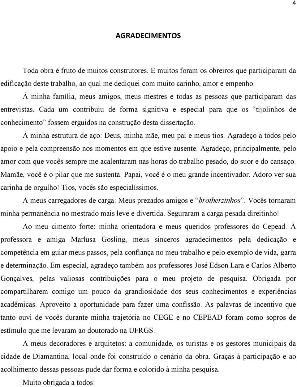 Cada um contribuiu de forma signitiva e especial para que os tijolinhos de conhecimento fossem erguidos na construção desta dissertação. À minha estrutura de aço: Deus, minha mãe, meu pai e meus tios.