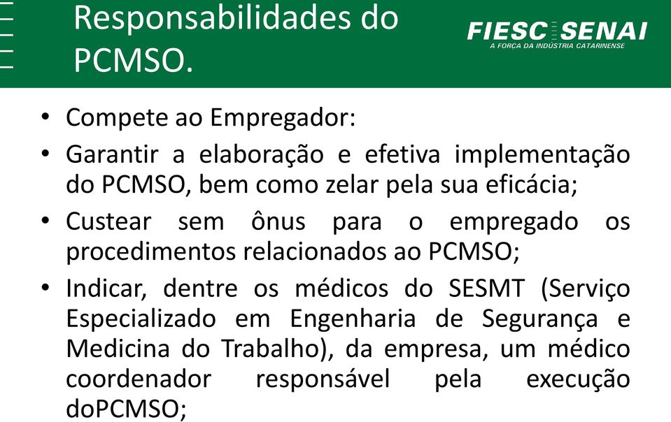 sua eficácia; Custear sem ônus para o empregado os procedimentos relacionados ao PCMSO; Indicar,