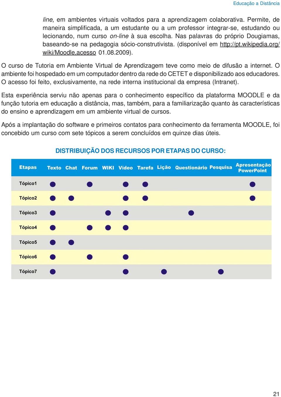 Nas palavras do próprio Dougiamas, baseando-se na pedagogia sócio-construtivista. (disponível em http://pt.wikipedia.org/ wiki/moodle,acesso 01.08.2009).