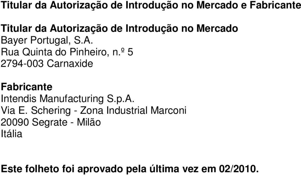 º 5 2794-003 Carnaxide Fabricante Intendis Manufacturing S.p.A. Via E.