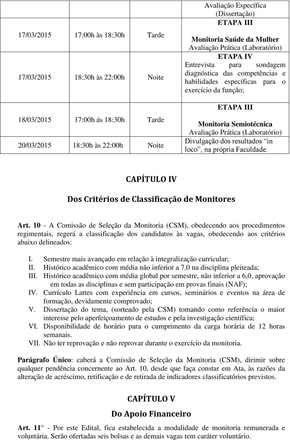 loco, na própria Faculdade. CAPÍTULO IV Dos Critérios de Classificação de Monitores Art.