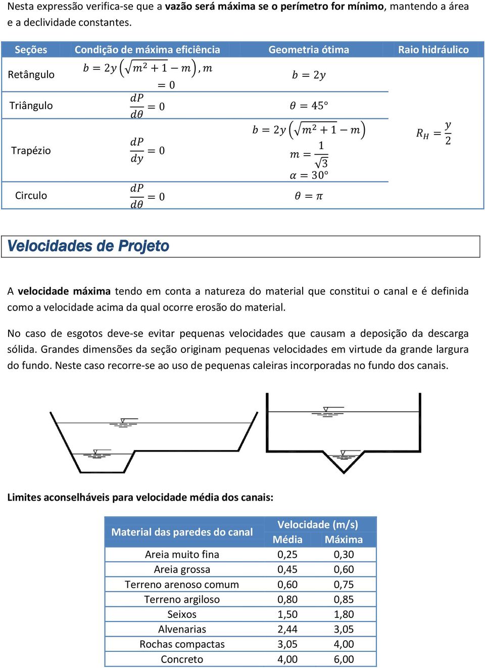 constitui o canal e é definida como a velocidade acima da qual ocorre erosão do material. No caso de esgotos deve-se evitar pequenas velocidades que causam a deposição da descarga sólida.