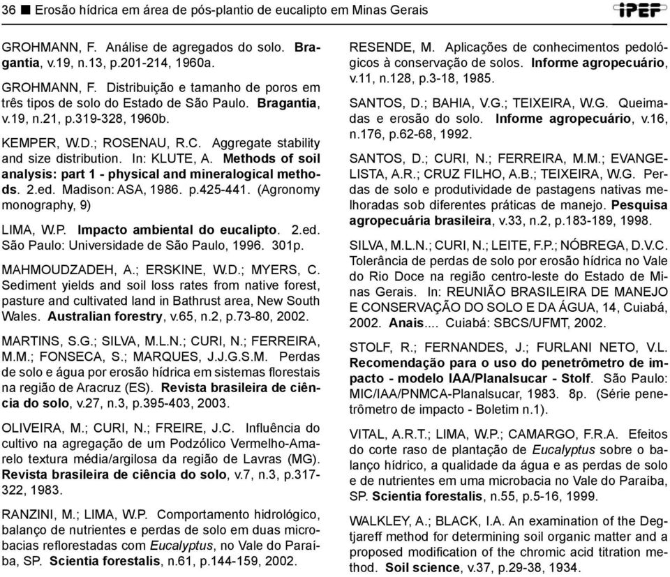 ed. Madison: ASA, 1986. p.425-441. (Agronomy monography, 9) LIMA, W.P. Impacto ambiental do eucalipto. 2.ed. São Paulo: Universidade de São Paulo, 1996. 301p. MAHMOUDZADEH, A.; ERSKINE, W.D.; MYERS, C.