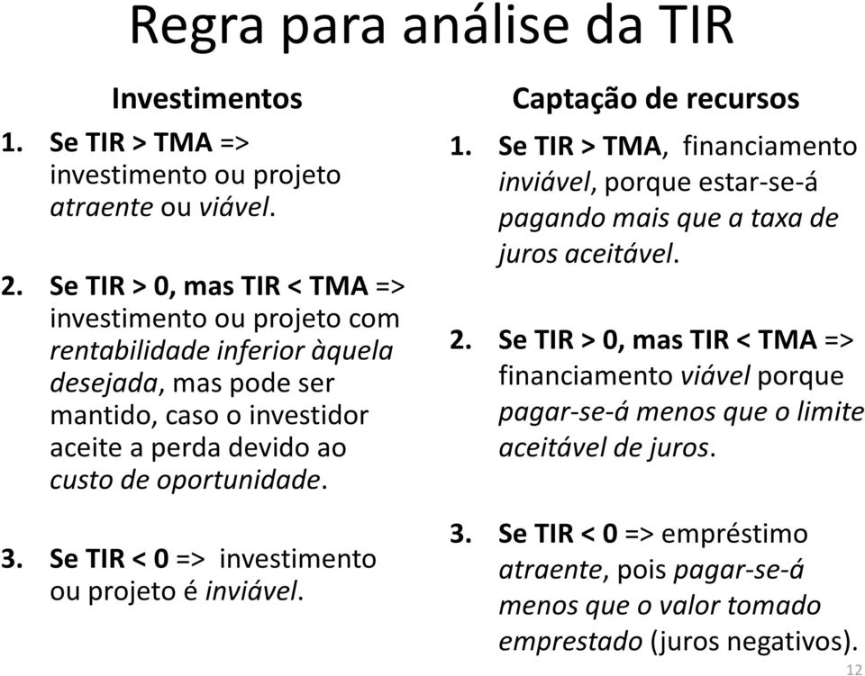 oportunidade. 3. Se TIR < 0 => investimento ou projeto é inviável. Captação de recursos 1.