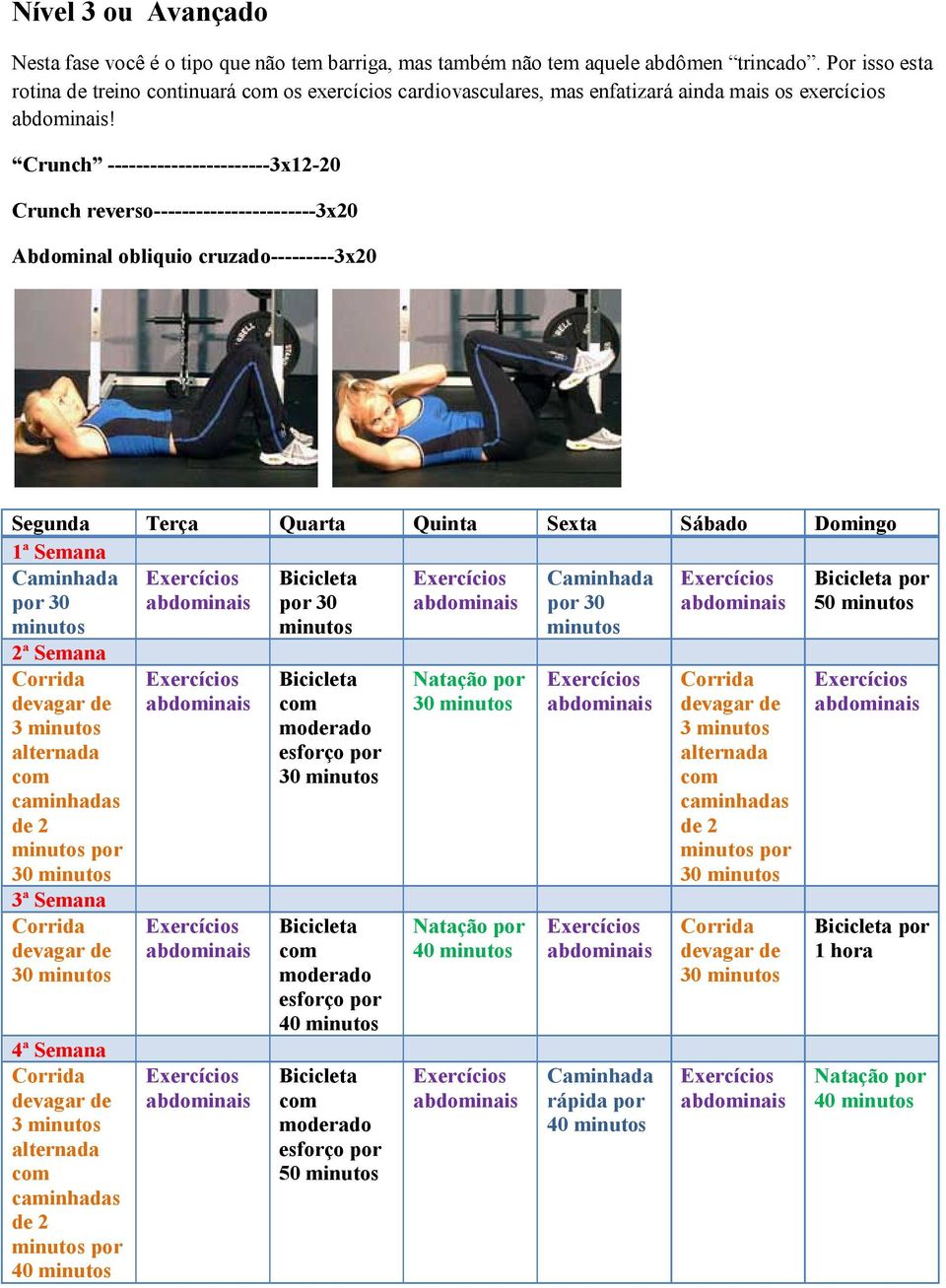 Crunch -----------------------3x12-20 Crunch reverso-----------------------3x20 Abdominal obliquio cruzado---------3x20 Segunda Terça Quarta Quinta Sexta