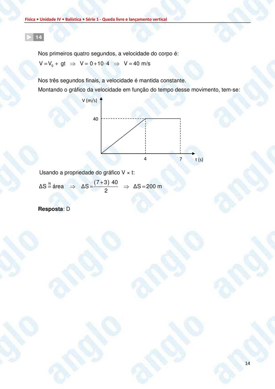 Montando o gráfico da velocidade em função do tempo desse movimento, tem-se: V (m/s)