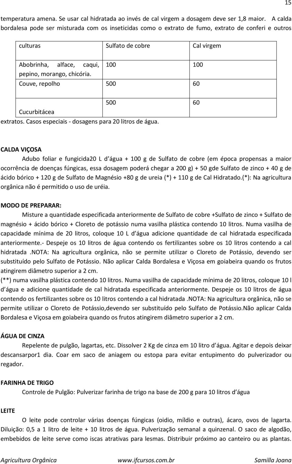 100 100 Couve, repolho 500 60 Cucurbitácea 500 60 extratos. Casos especiais - dosagens para 20 litros de água.