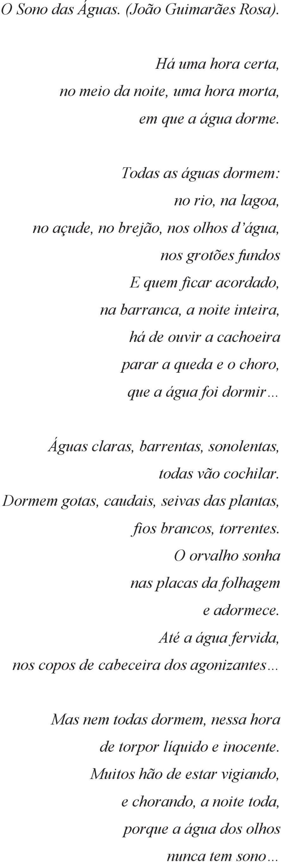 a queda e o choro, que a água foi dormir Águas claras, barrentas, sonolentas, todas vão cochilar. Dormem gotas, caudais, seivas das plantas, fios brancos, torrentes.