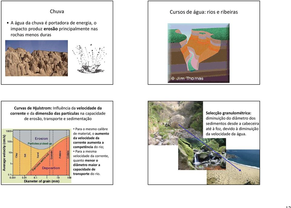 material, o aumento da velocidade da corrente aumenta a competência do rio; Para a mesma velocidade da corrente, quanto menor o diâmetro maior a